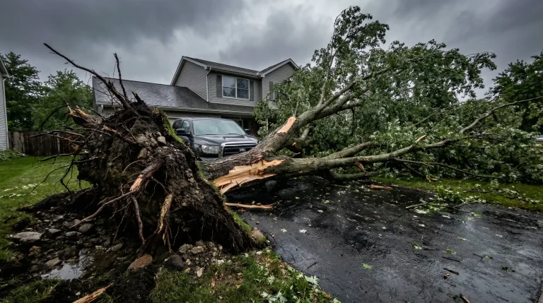 Fallen tree on driveway during storm with overcast sky and a house in background