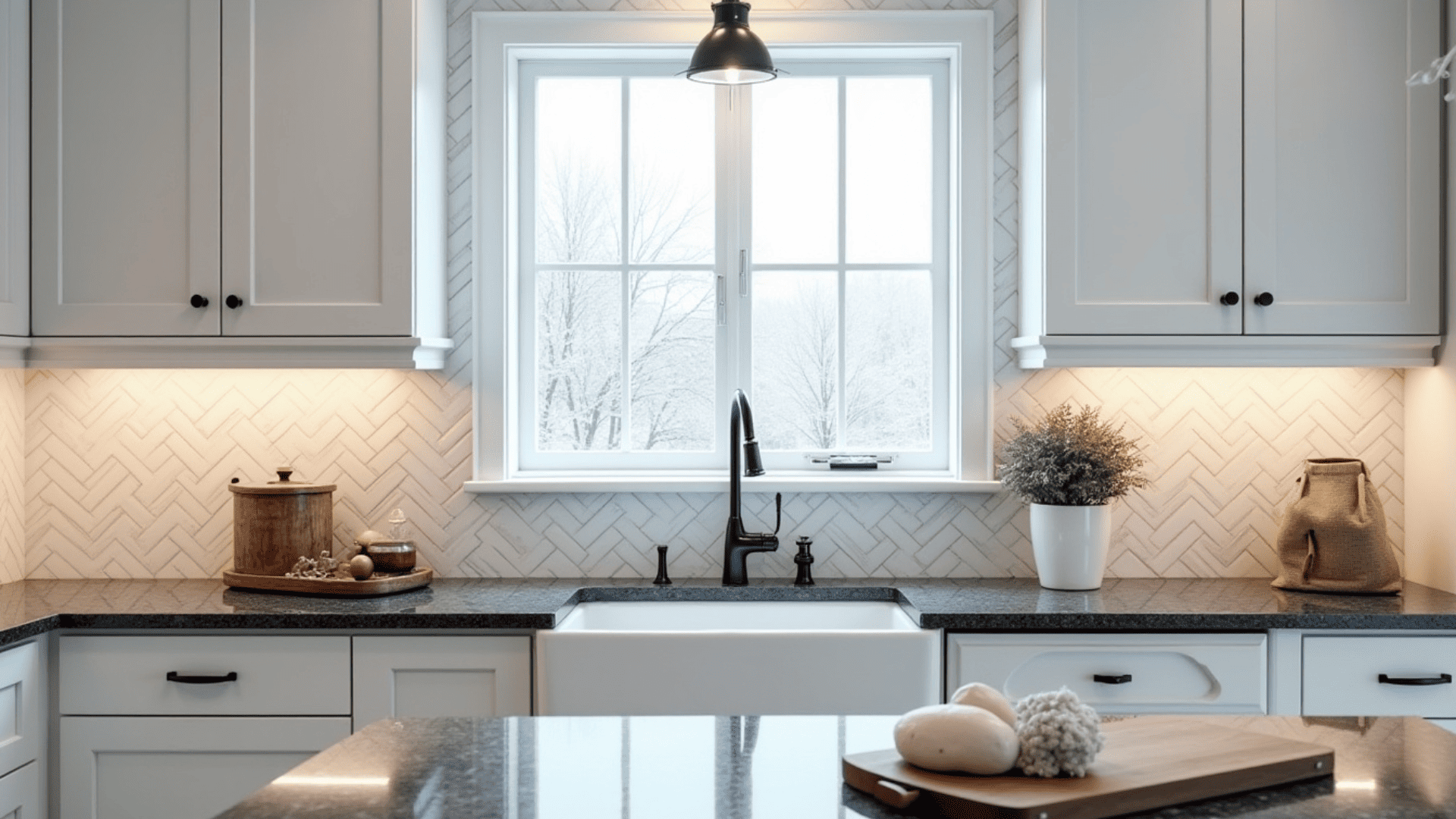white and gray chevron patterned tile backsplash with bold geometry behind white cabinets and charcoal granite
