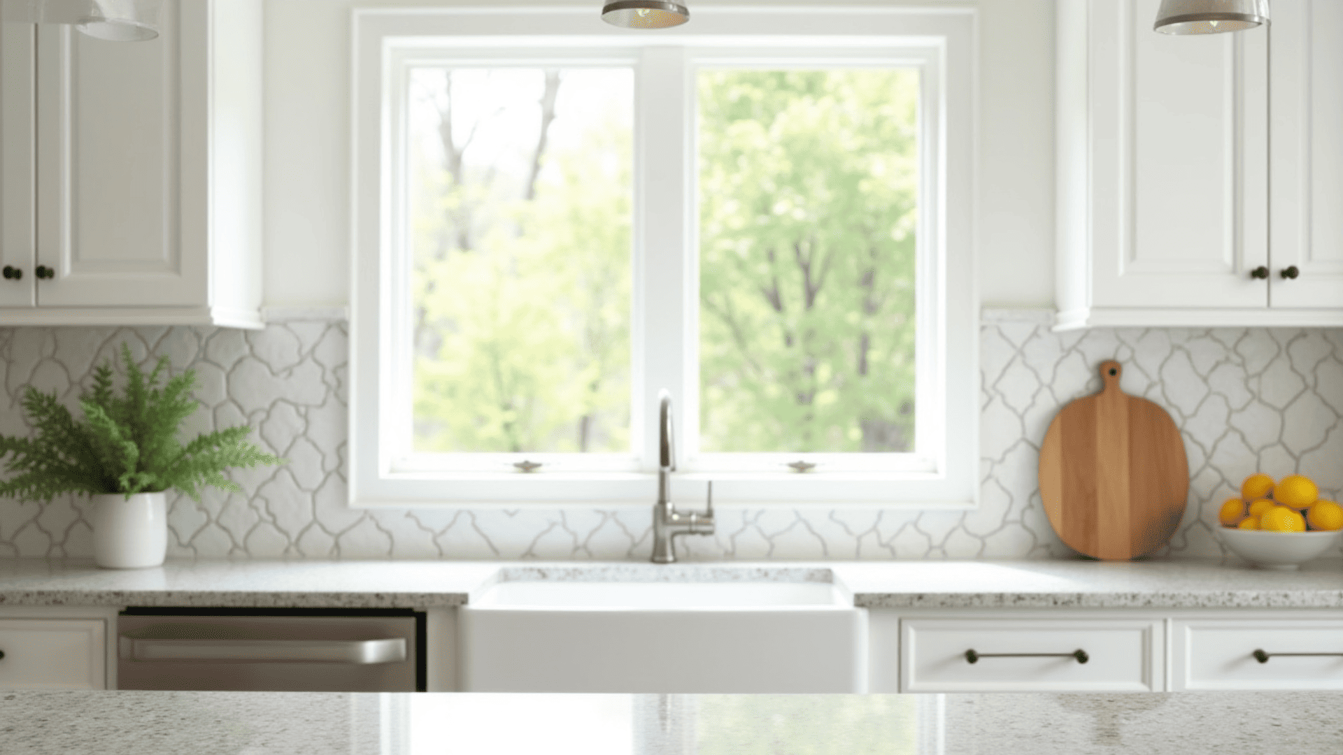 white arabesque lantern-shaped tile backsplash adding sculptural texture against white cabinets and speckled granite