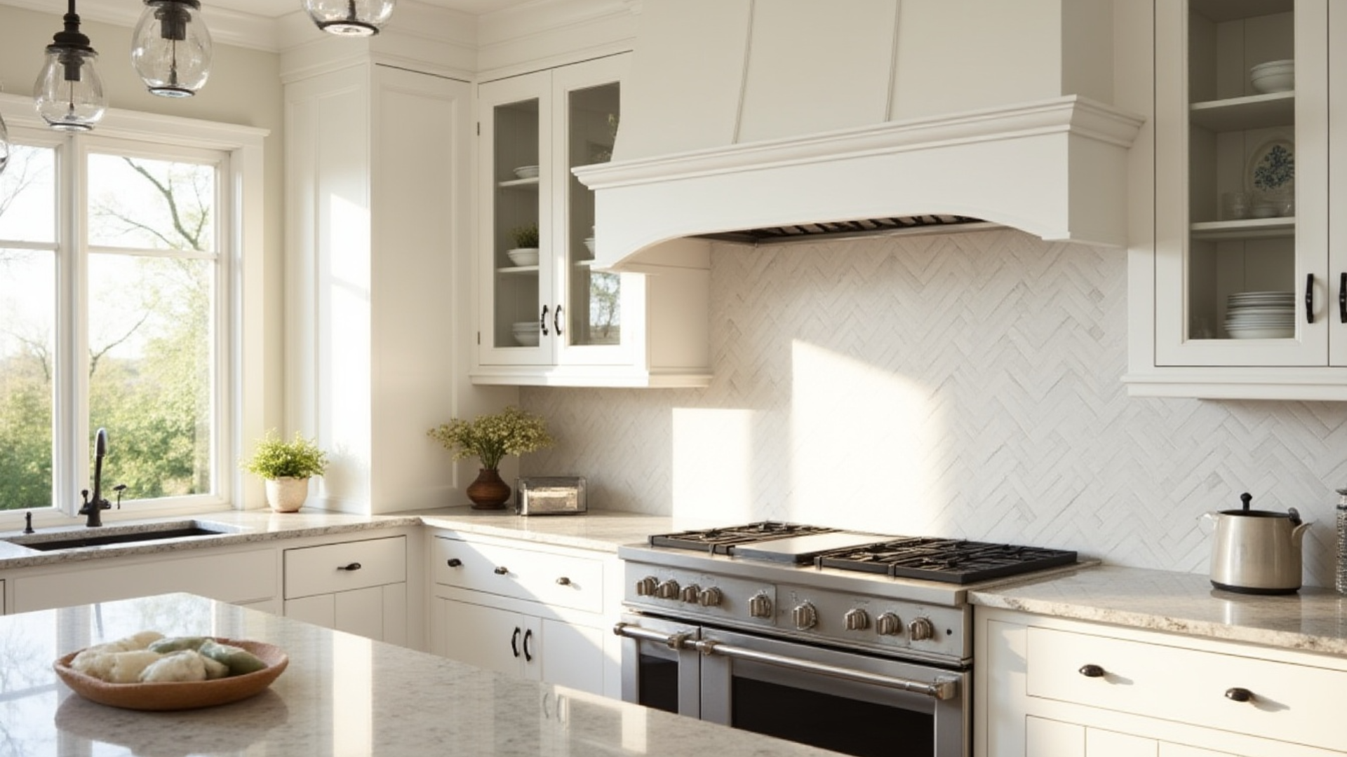 white carrara marble herringbone tile backsplash with grey veining in a traditional kitchen with white cabinets