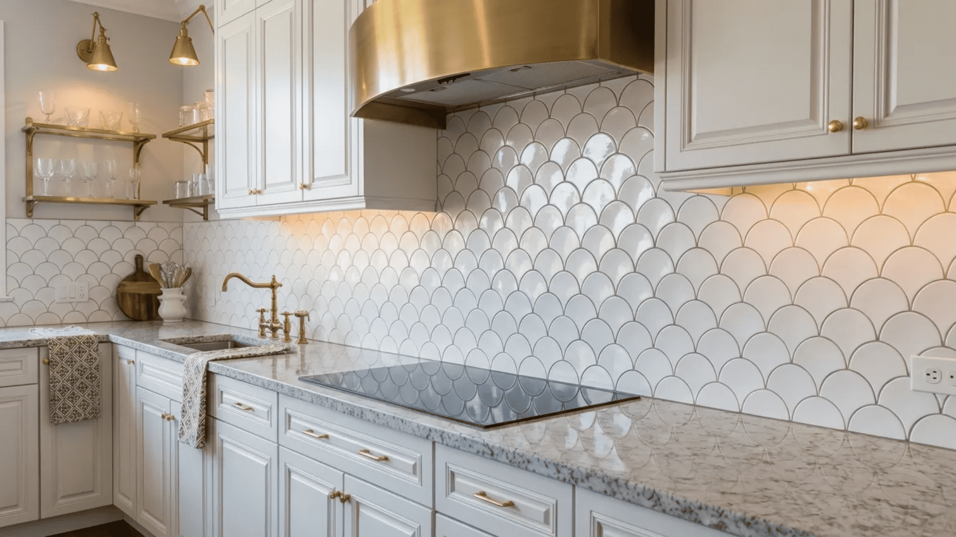 white glossy fish scale tile backsplash, white shaker cabinets, speckled granite countertops kitchen design.