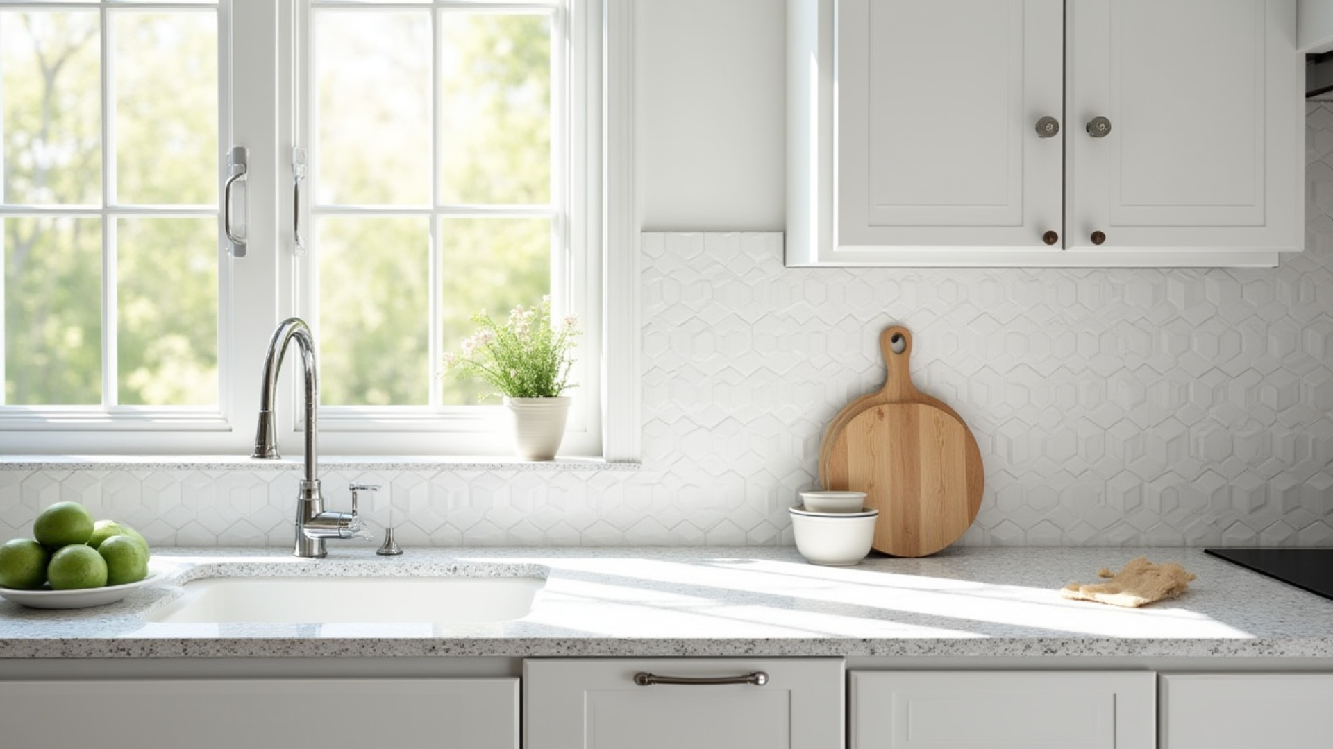 white hexagon honeycomb tile backsplash with geometric pattern in a scandi kitchen with grey and white granite