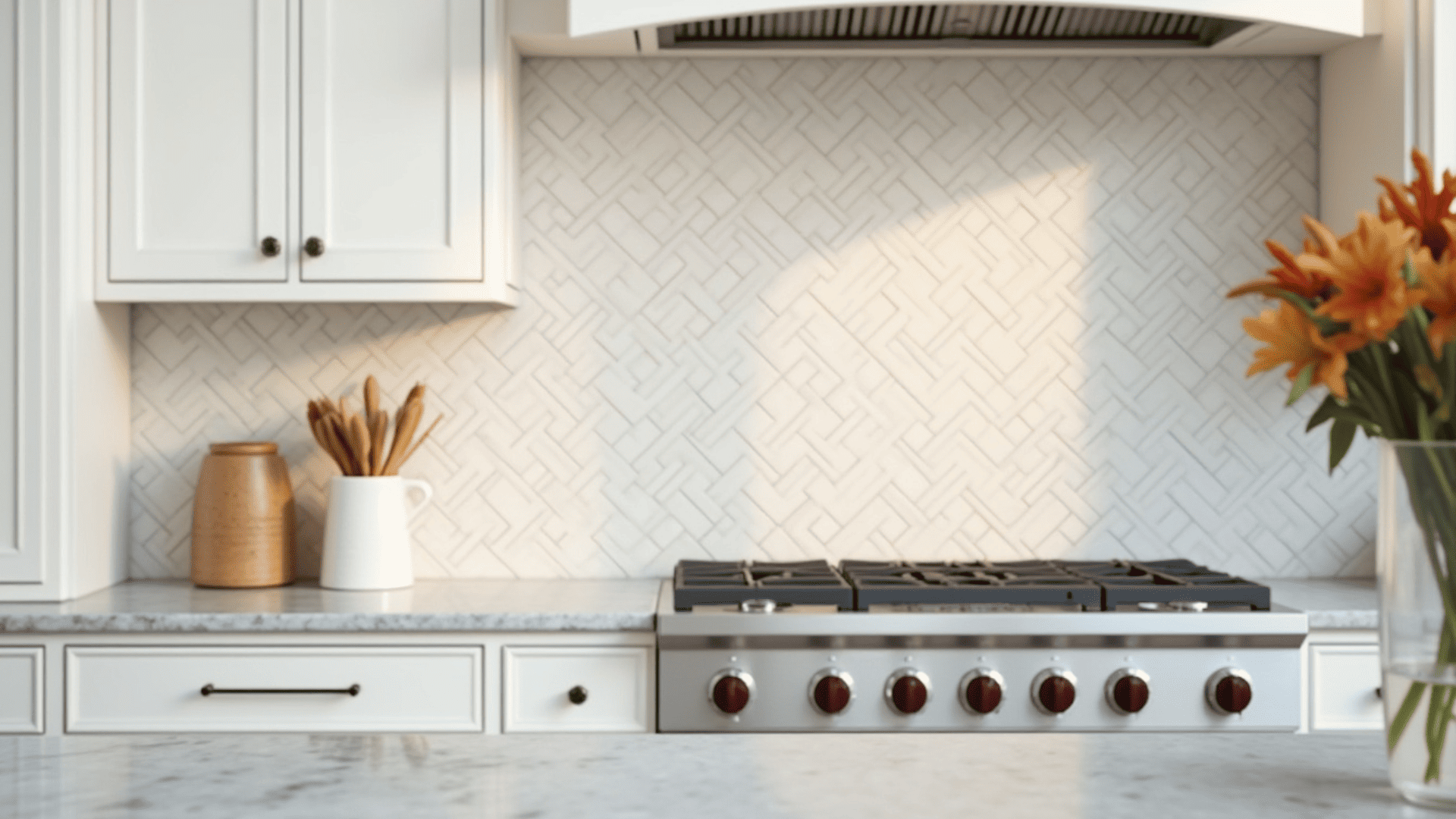 white marble basketweave tile backsplash with classic interlocking pattern in a traditional kitchen with grey granite