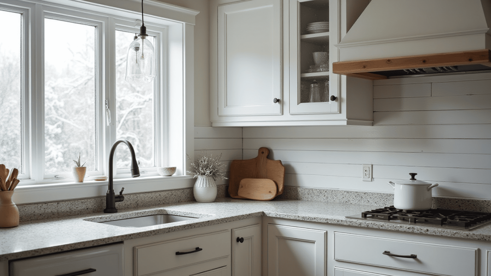 white painted shiplap wood plank backsplash adding farmhouse warmth behind white cabinets and speckled granite
