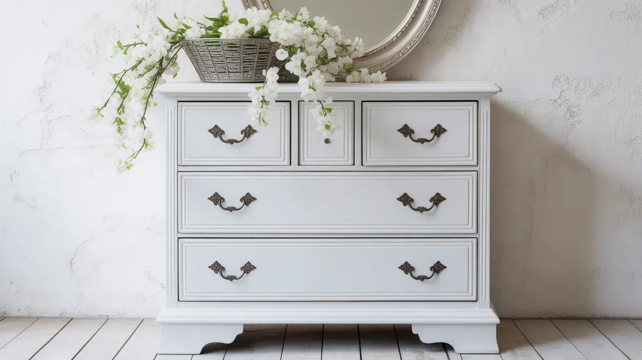 White painted vintage dresser with dark hardware, antique mirror, and floral styling.