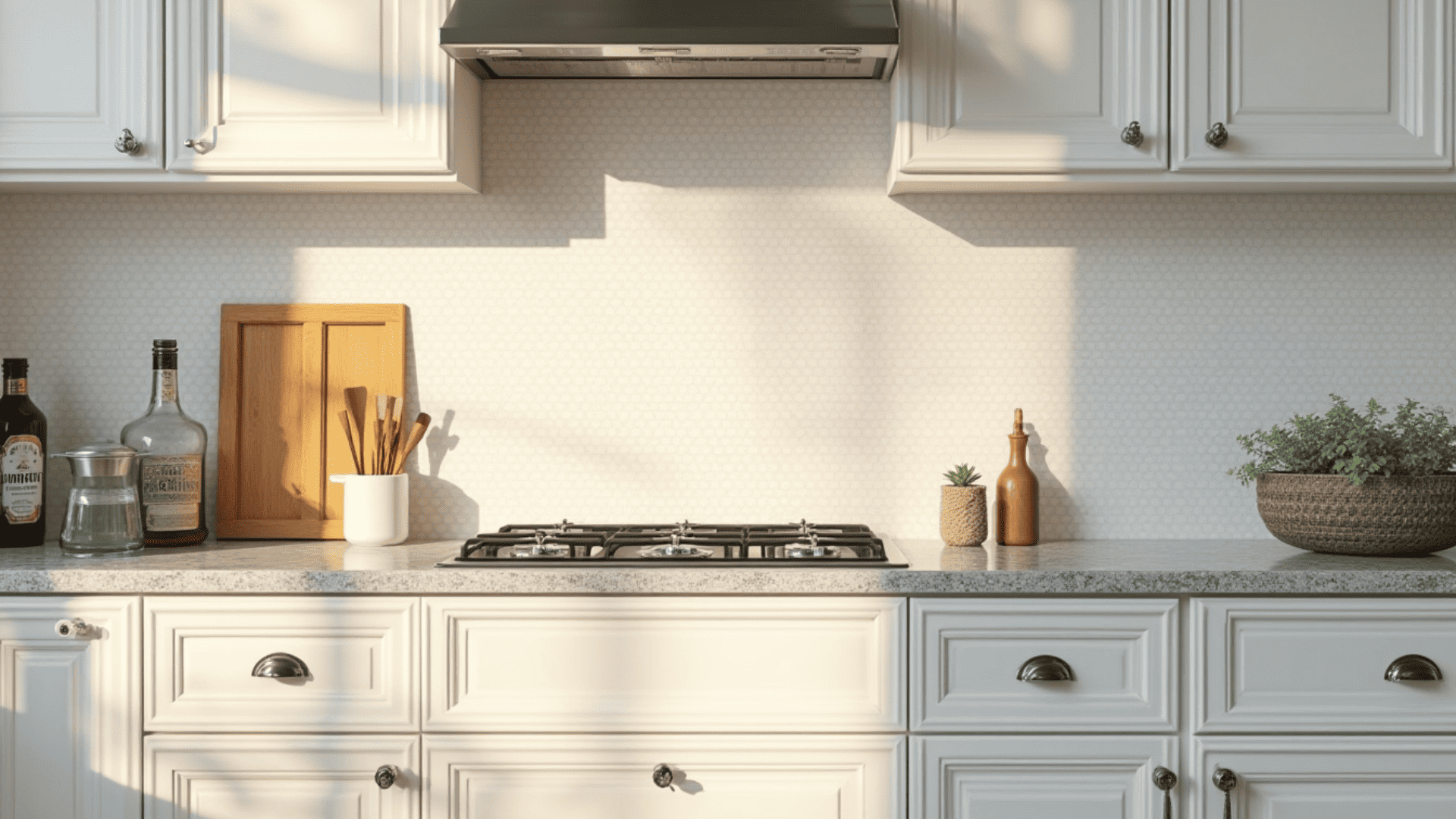 white penny round mosaic tile backsplash with retro charm in a kitchen with white shaker cabinets and grey granite