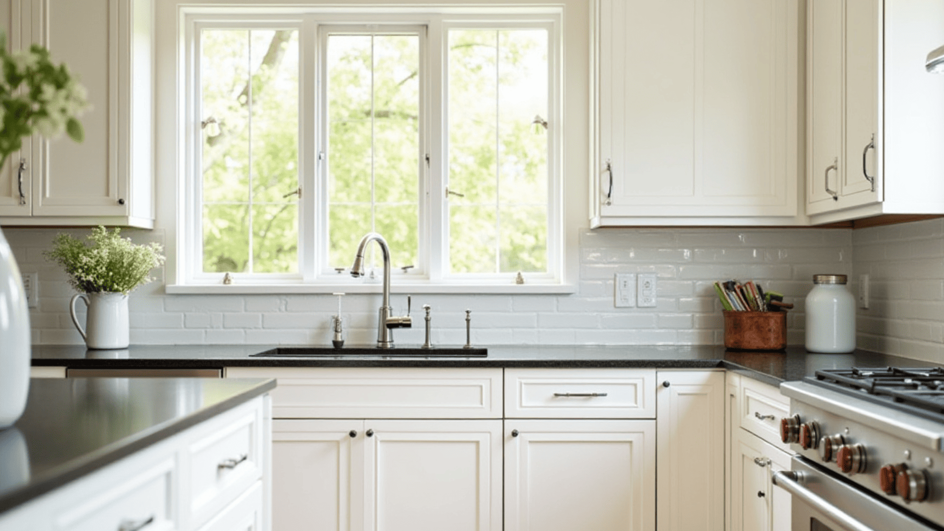 white subway tile backsplash with horizontal brick-lay pattern, white shaker cabinets, and black granite countertops