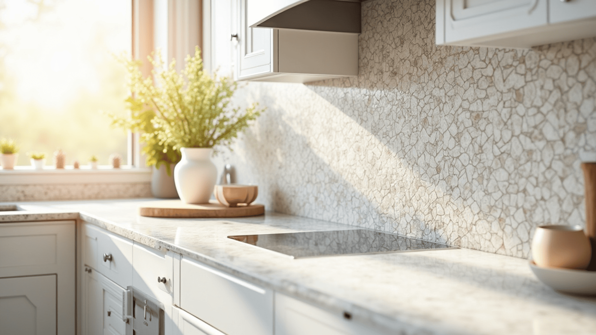 white waterjet marble mosaic backsplash with floral design in a luxury kitchen with cream granite