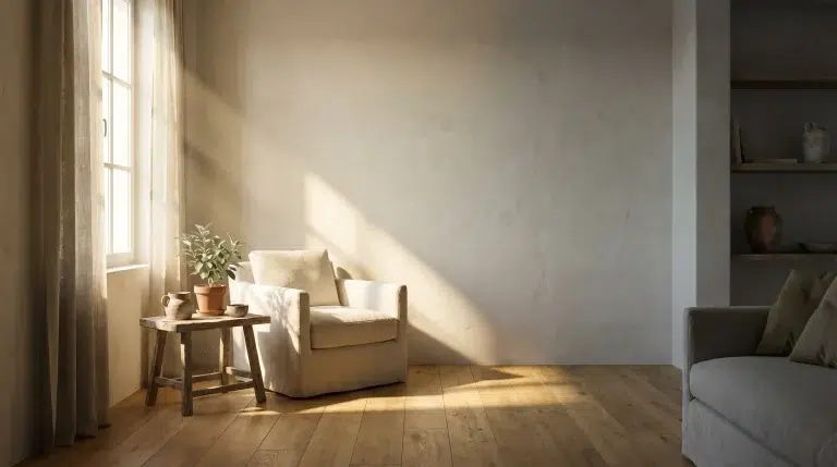 Beige armchair and potted plant on wooden table in sunlit room with textured walls