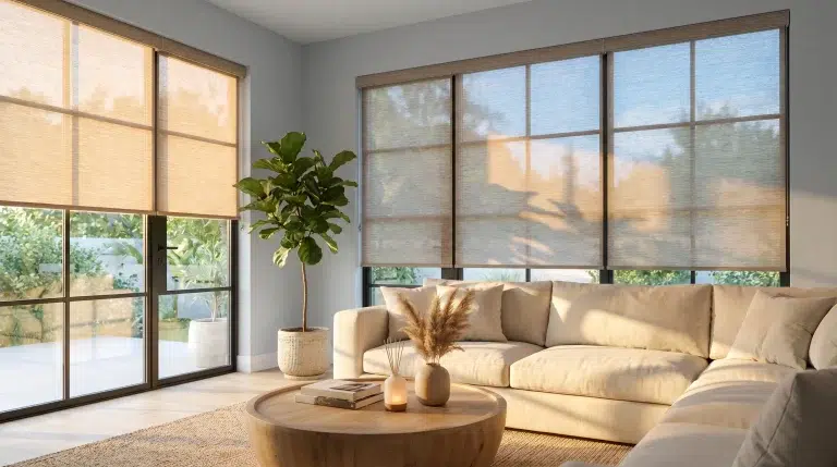 Cozy living room with beige sofa, wooden coffee table, and sunlight filtering through sheer blinds