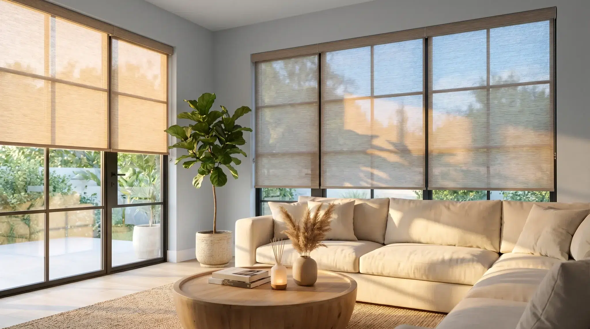 Cozy living room with beige sofa, wooden coffee table, and sunlight filtering through sheer blinds