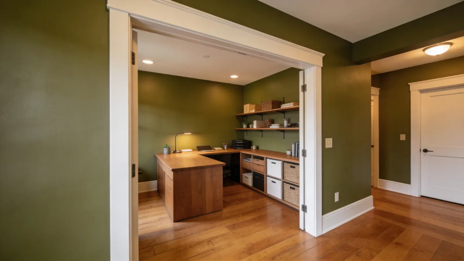 Wide view of home office with dark green walls, desk, shelving, and warm lighting