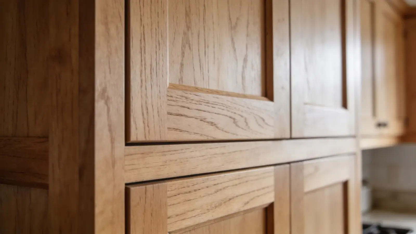 Wood cabinets with visible natural grain in a kitchen