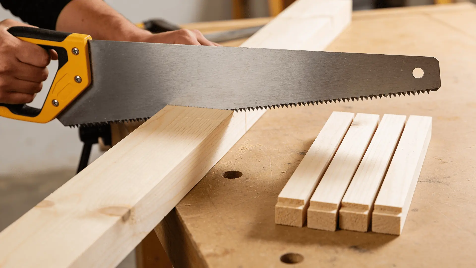 Wood pieces cut into equal lengths for table legs and panels on a workbench