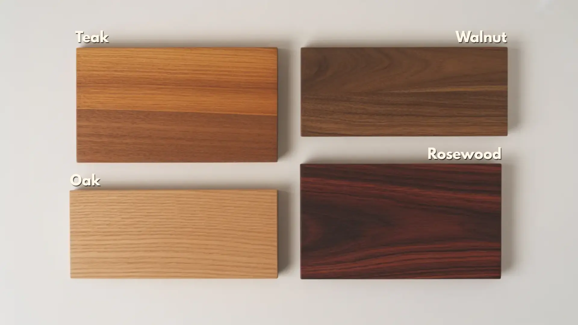 Wood samples of teak, walnut, oak, and rosewood, highlighting their natural grain and rich tones. (2)