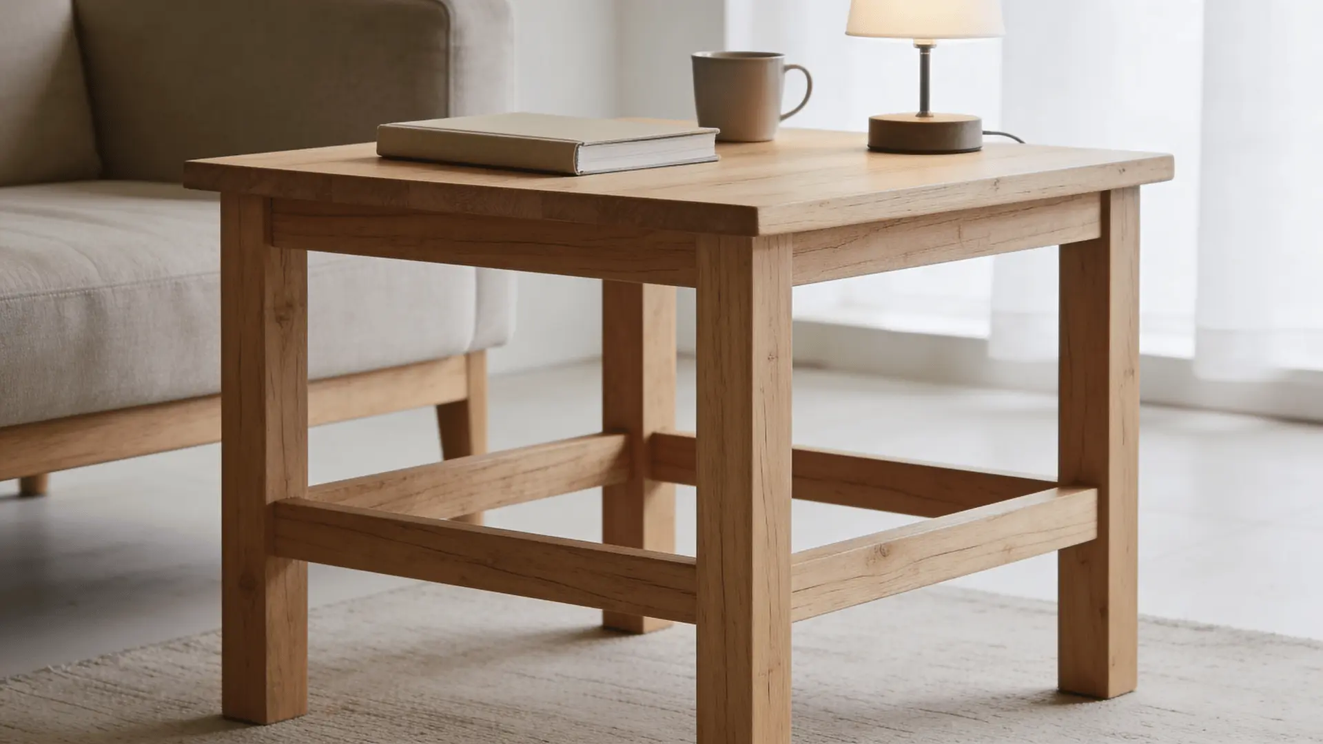 Wooden end table beside a sofa with a plain book, cup, and lamp on top