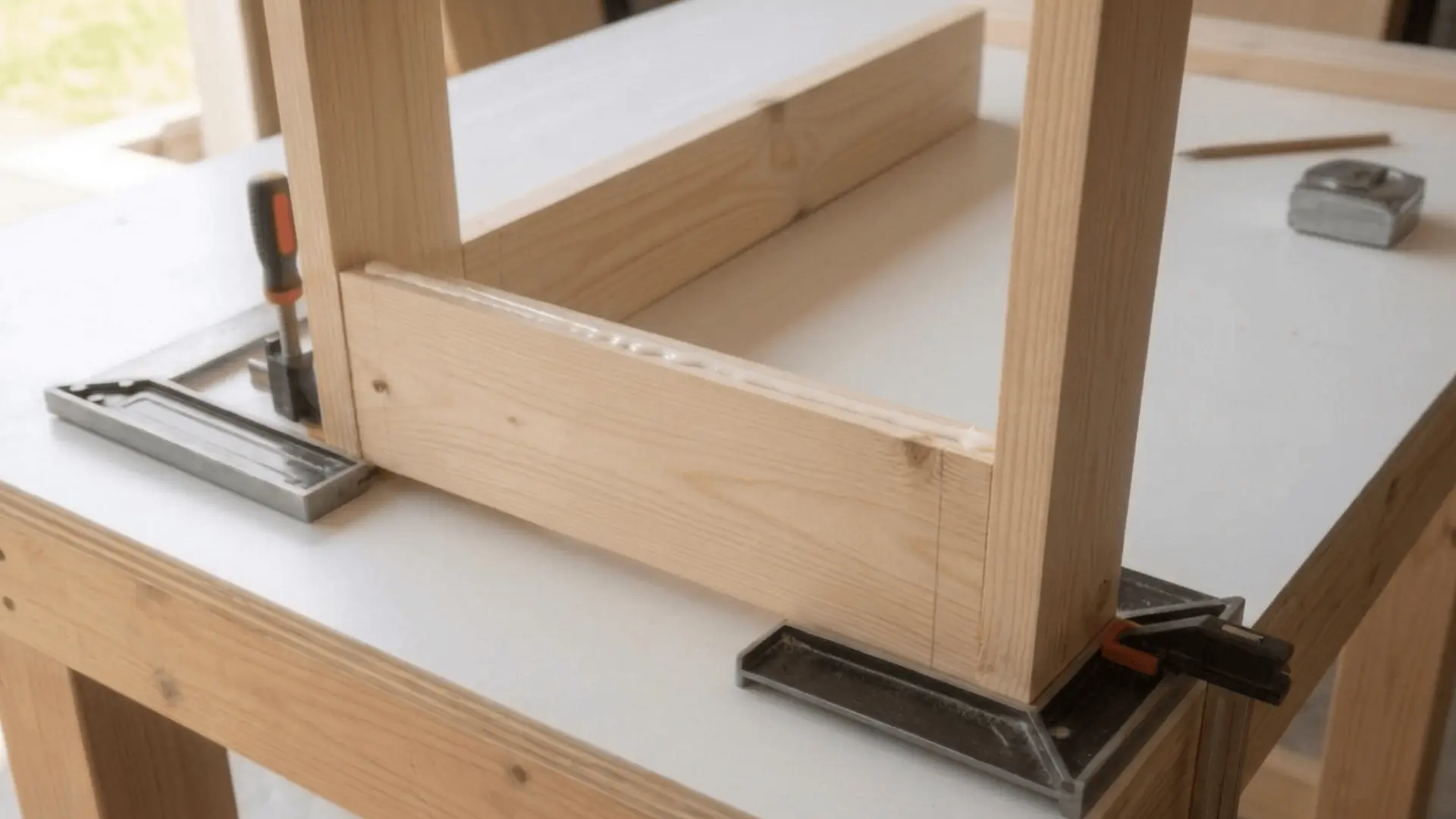 Wooden frame clamped with glue applied before fixing shelves