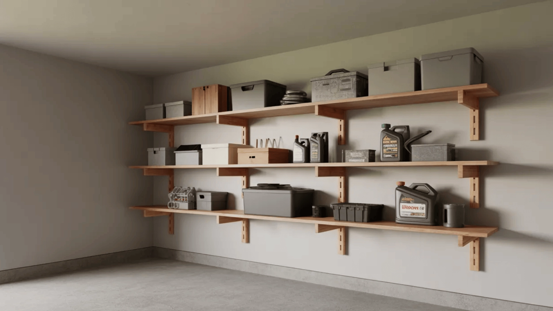 Wooden garage shelves with storage boxes and tools