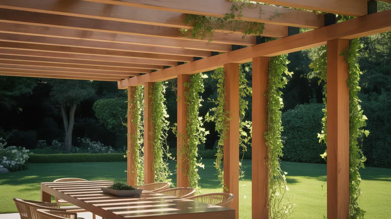 Wooden pergola providing shade over an outdoor dining area