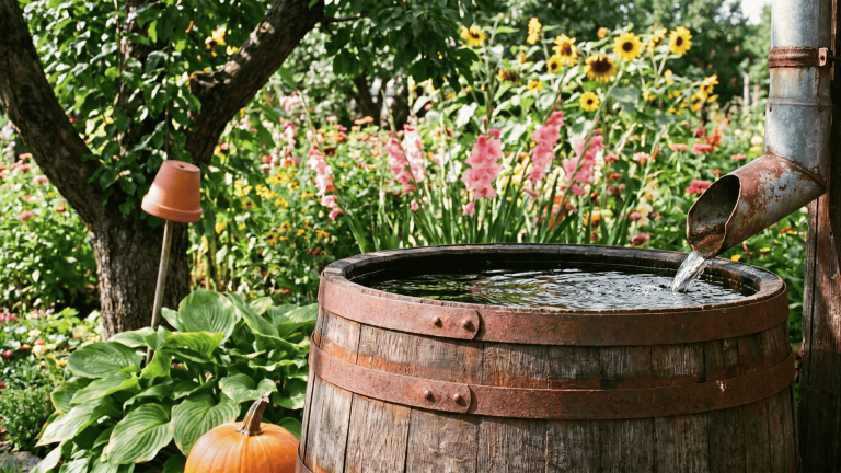 Wooden rain barrel collecting water from a gutter in a sunny sustainable garden