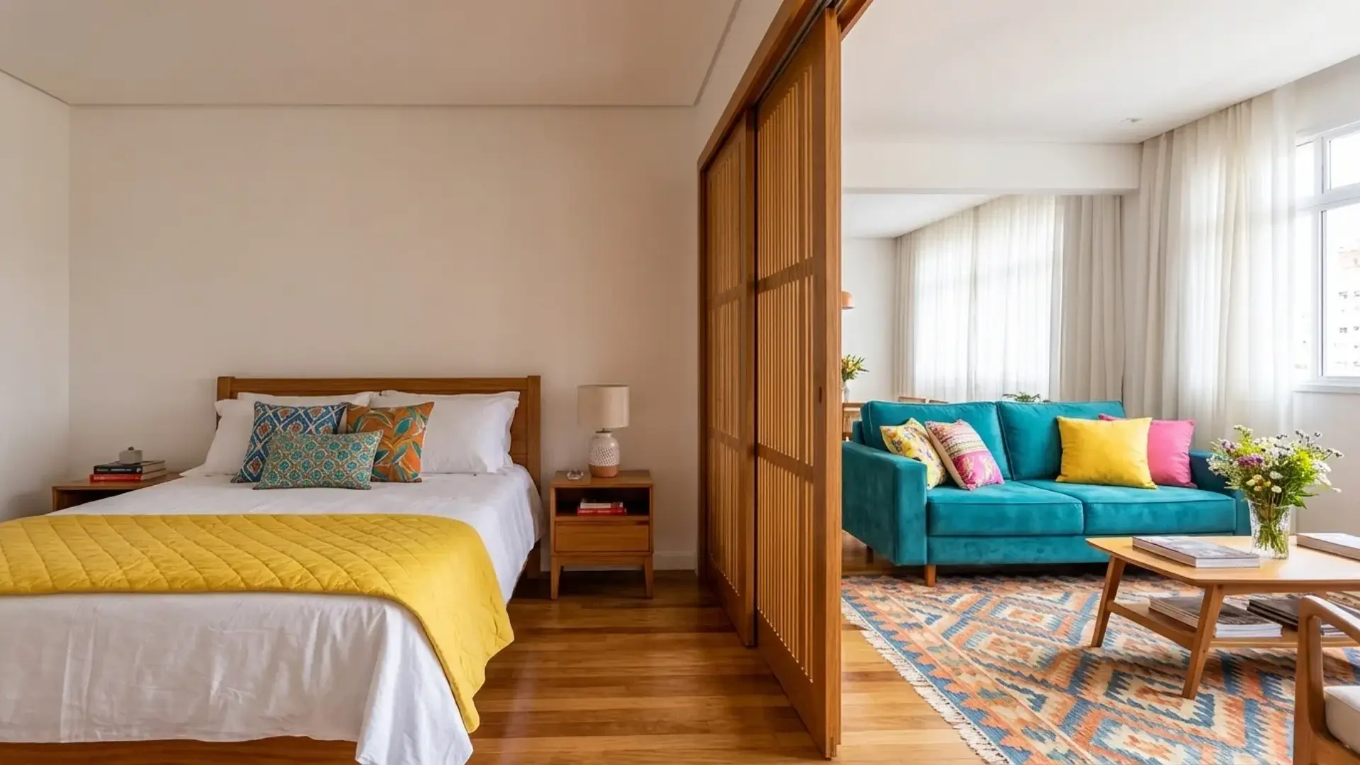 Wooden sliding door divider partially open, showing a bedroom on one side and a colorful living area on the other.