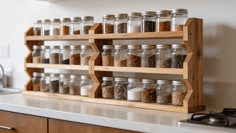 Wooden spice rack with small jars arranged neatly on shelves in a kitchen setting