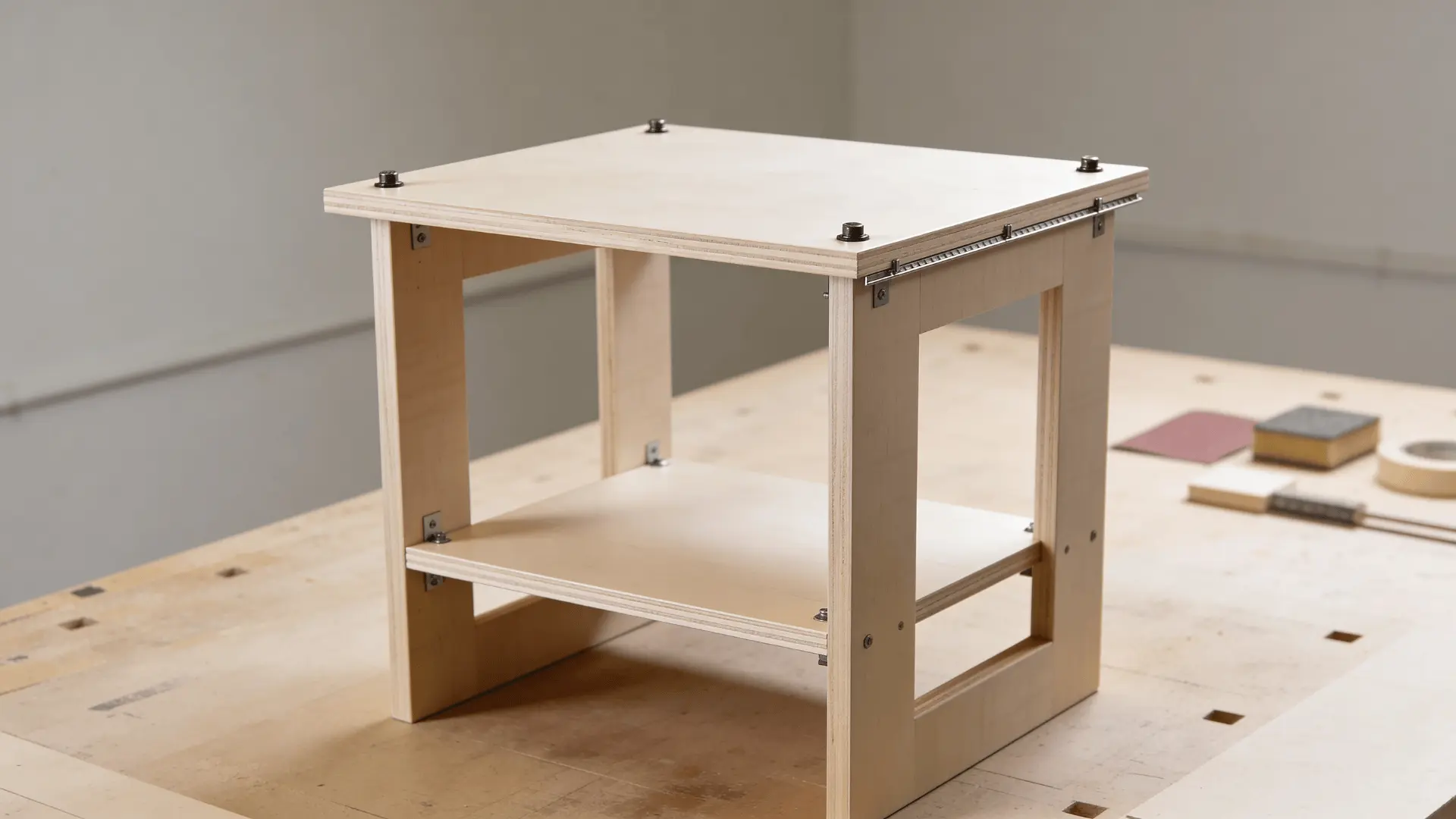 Wooden table surface being sanded smooth with finishing materials placed nearby