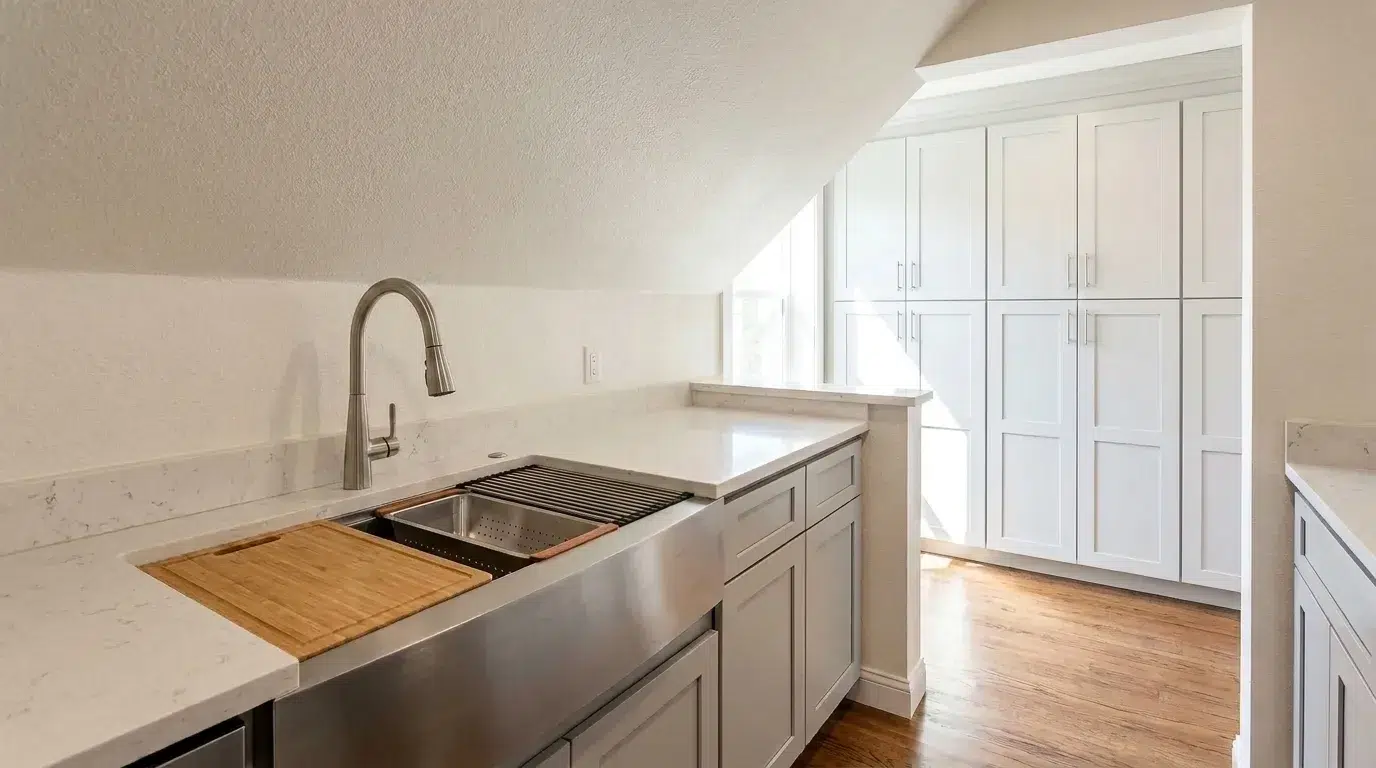 Workstation sink on low wall under sloped ceiling with full-height cabinets on high wall opposite