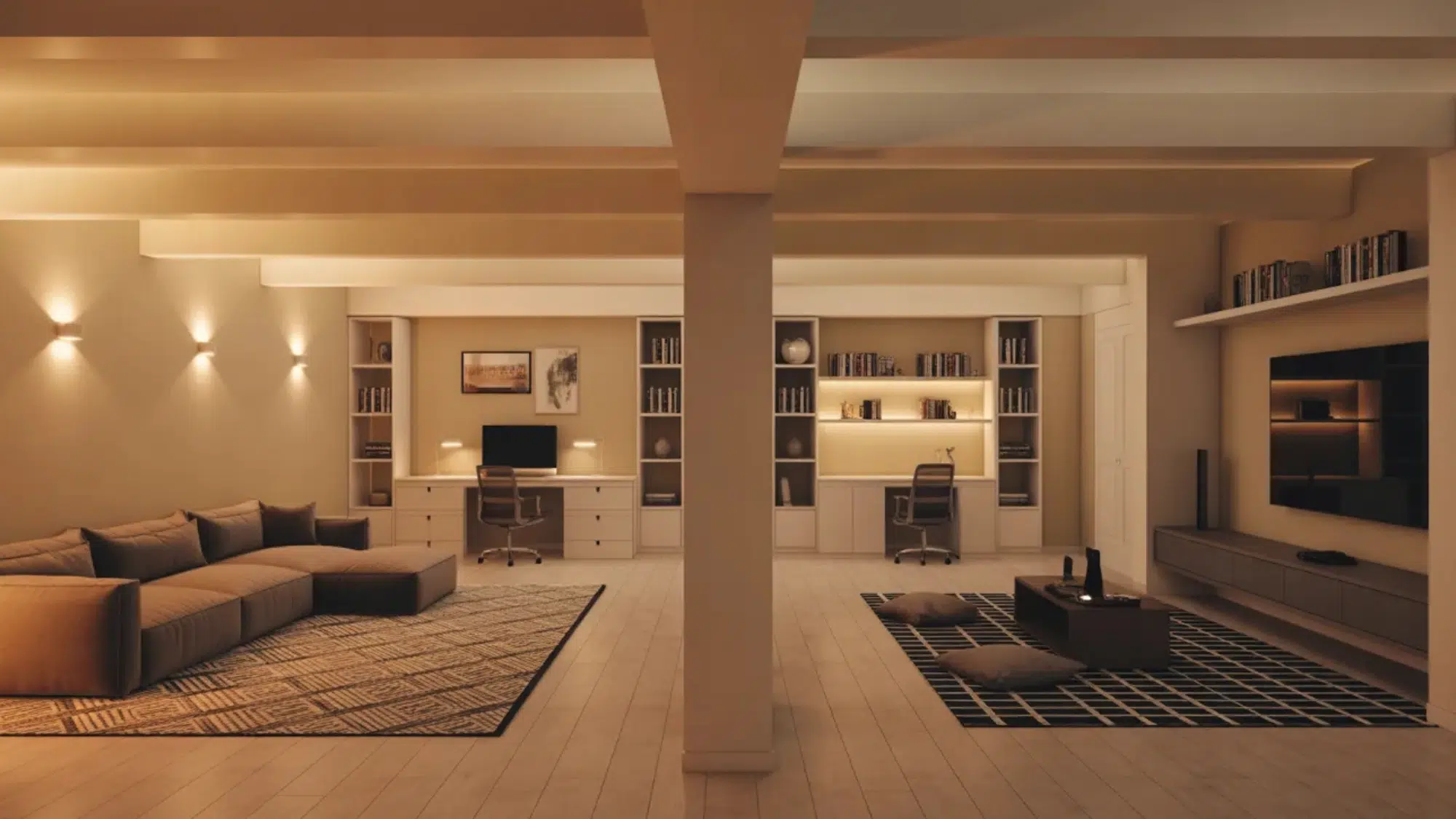 Zoned basement layout with rugs and shelving separating living and work areas
