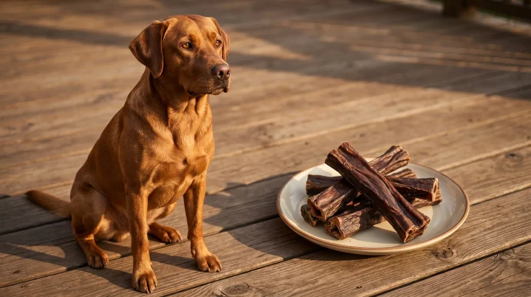 Brown dog sitting on wooden deck beside plate of dog treats in sunlight