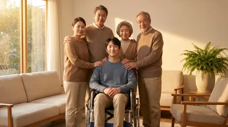 Family gathered around young man in wheelchair, cozy living room with warm sunlight and fern plant
