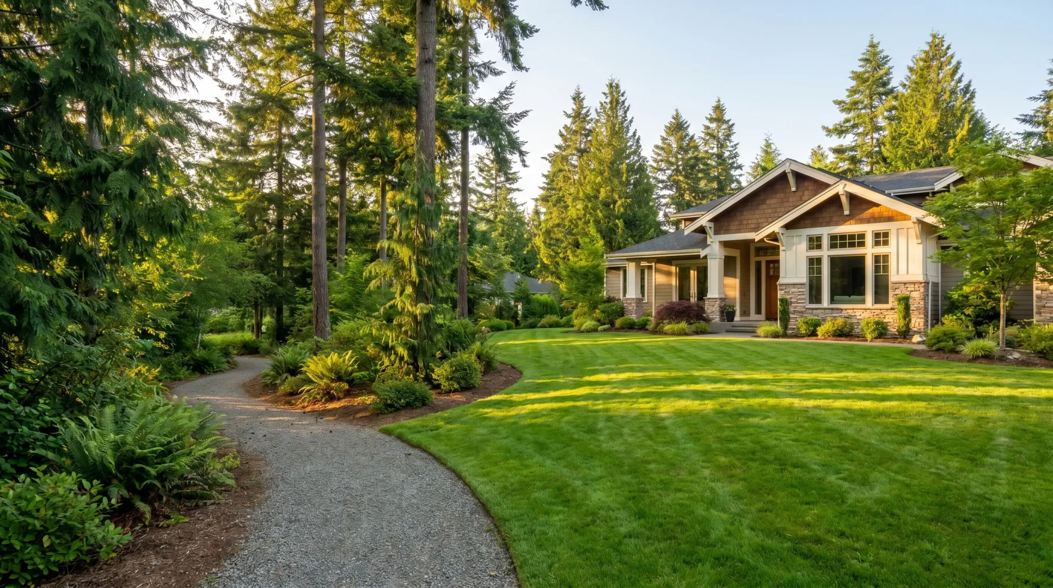 House with stone accents surrounded by lush green lawn and tall trees in a serene setting