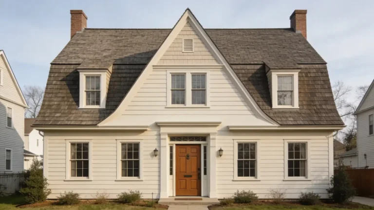 A Dutch Colonial house with a gambrel roof, symmetrical facade, and a Dutch door in a residential setting.