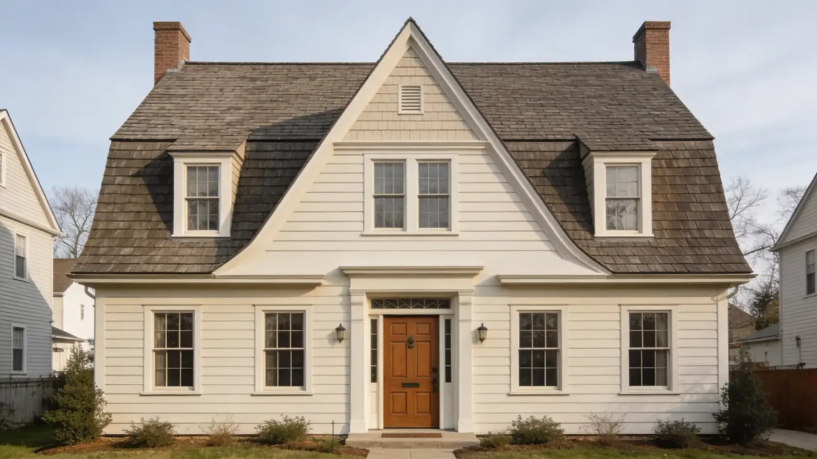 A Dutch Colonial house with a gambrel roof, symmetrical facade, and a Dutch door in a residential setting.