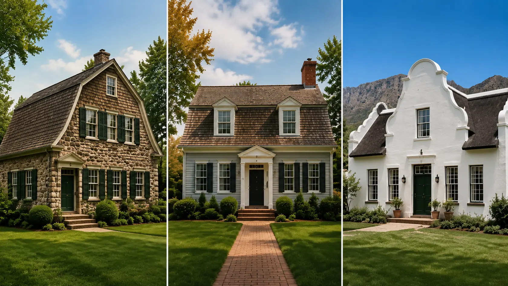 A triptych showing a stone cottage, Colonial-style house, and Cape Dutch home with gables.