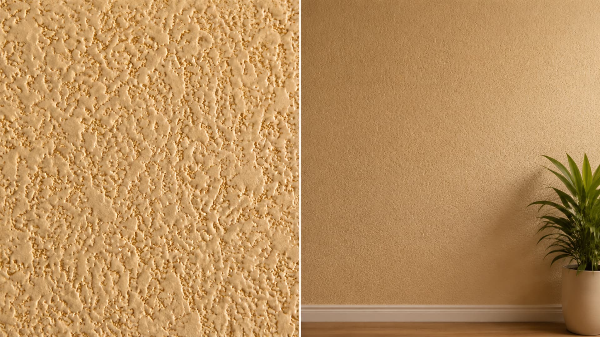 Close-up of a textured beige wall on the left and a minimalist room on the right.