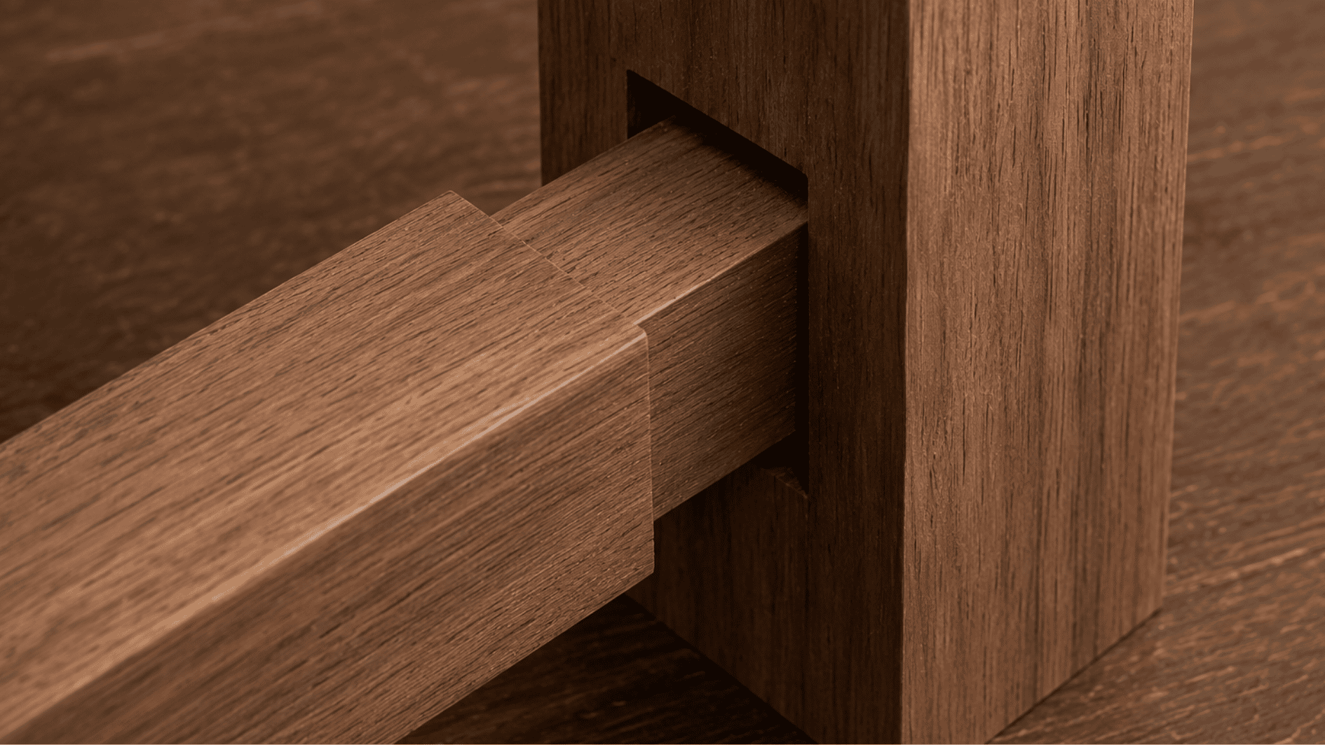 Close-up realistic mortise and tenon wooden joint with dark walnut wood and clean precision fit