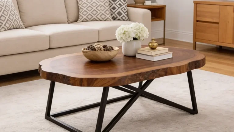 Coffee table in front of sofa, with books and a bowl kept on it.