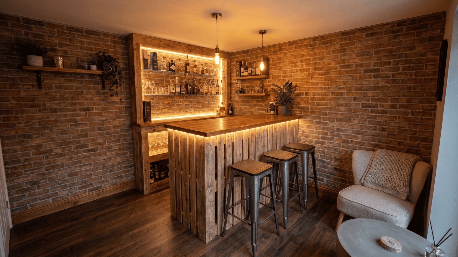 Compact bar and lounge with proportional stools and ambient lighting