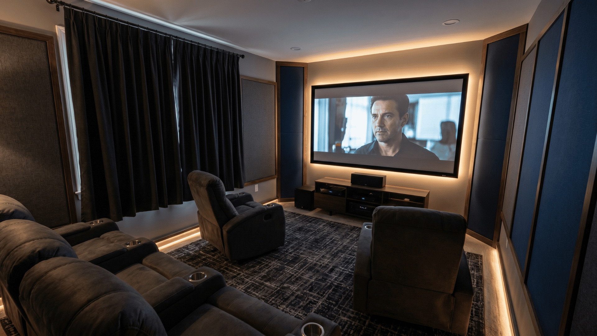 Compact home theater with screen, seating, blackout curtains, and acoustic panels