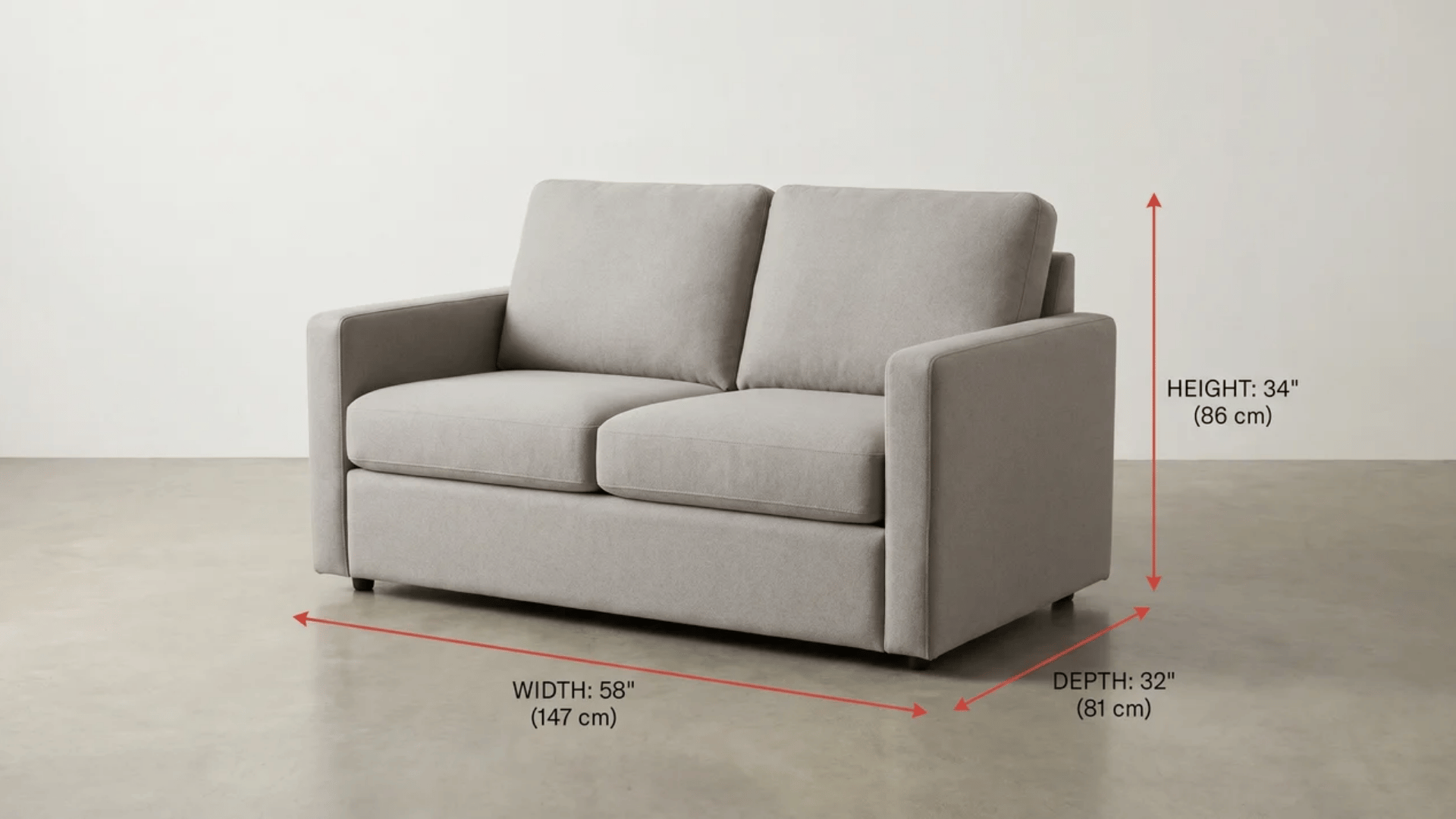 Compact two-seat loveseat viewed at an angle with measurement lines marking width, depth, and height.