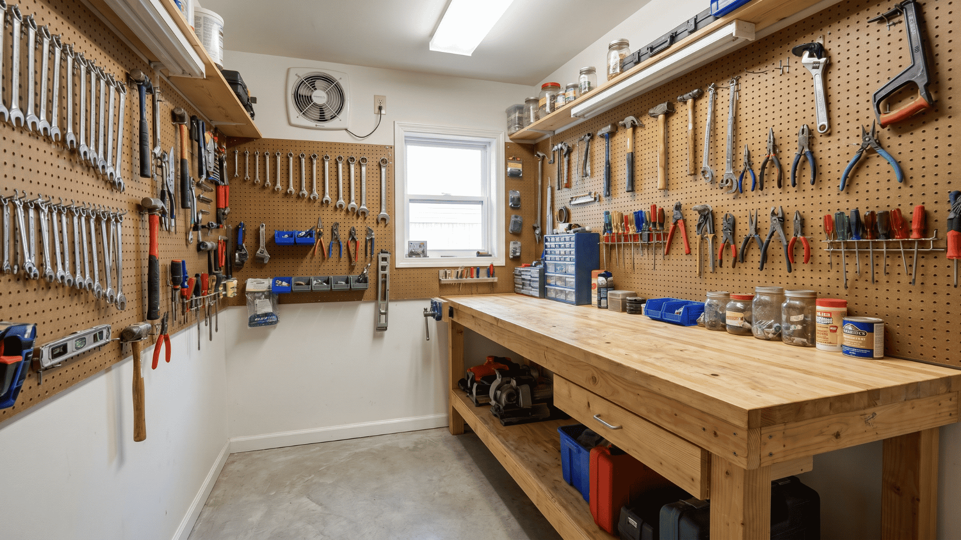 Compact workshop with workbench, pegboard, and organized tools