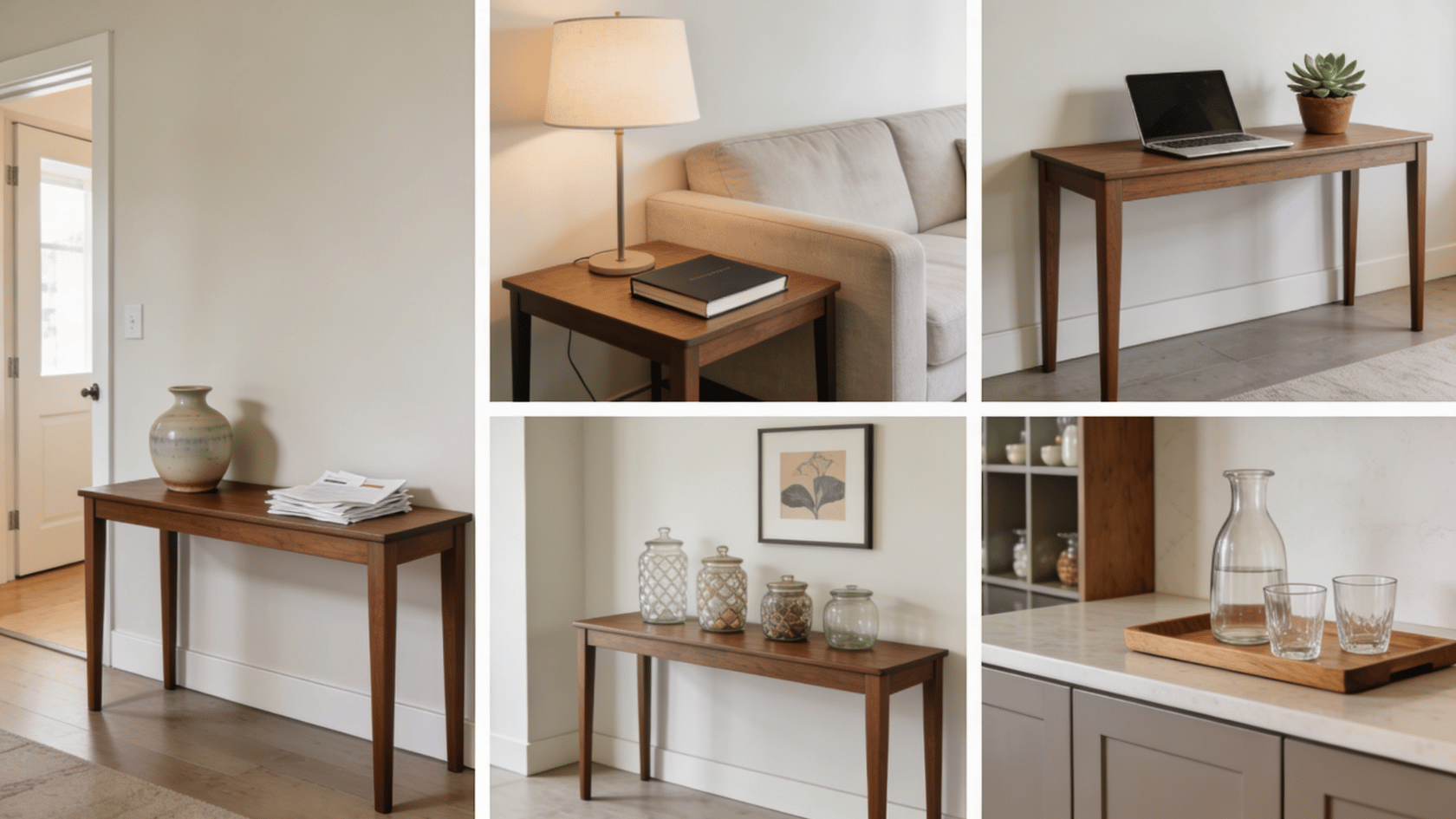 Console table used for storage, decor, workspace, and serving in different home areas