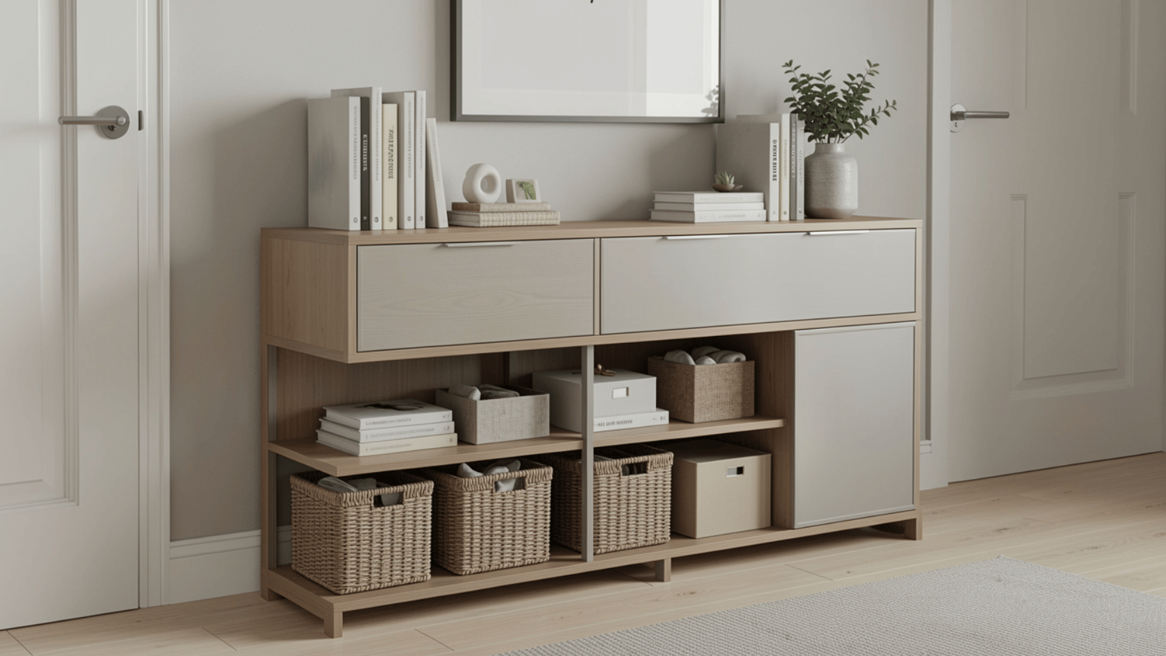 Console table with drawers, shelves, baskets, and cabinets placed against a hallway wall