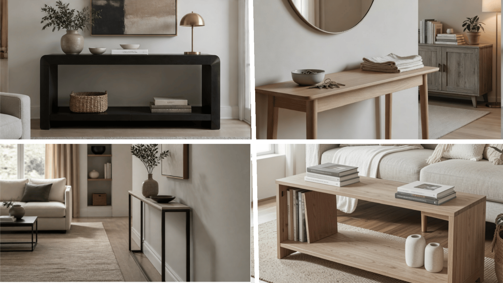 Console tables in entryway, behind sofa, dining room, and hallway showing typical placements and uses