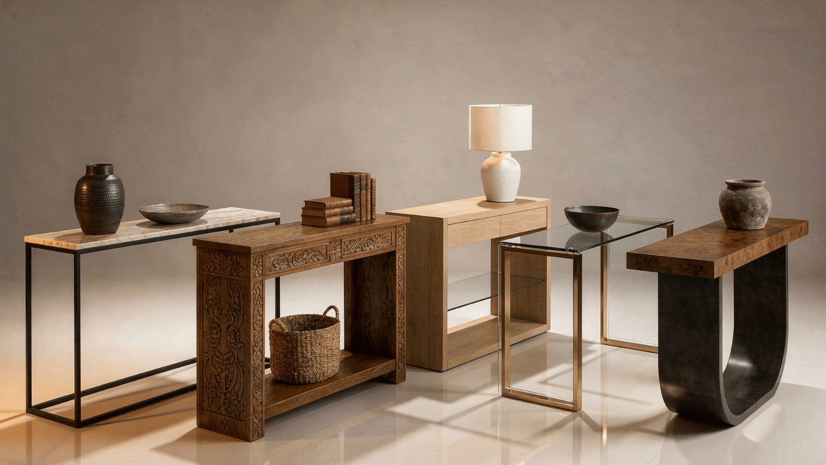 Console tables made from wood, metal, glass, and marble displayed in an indoor showroom