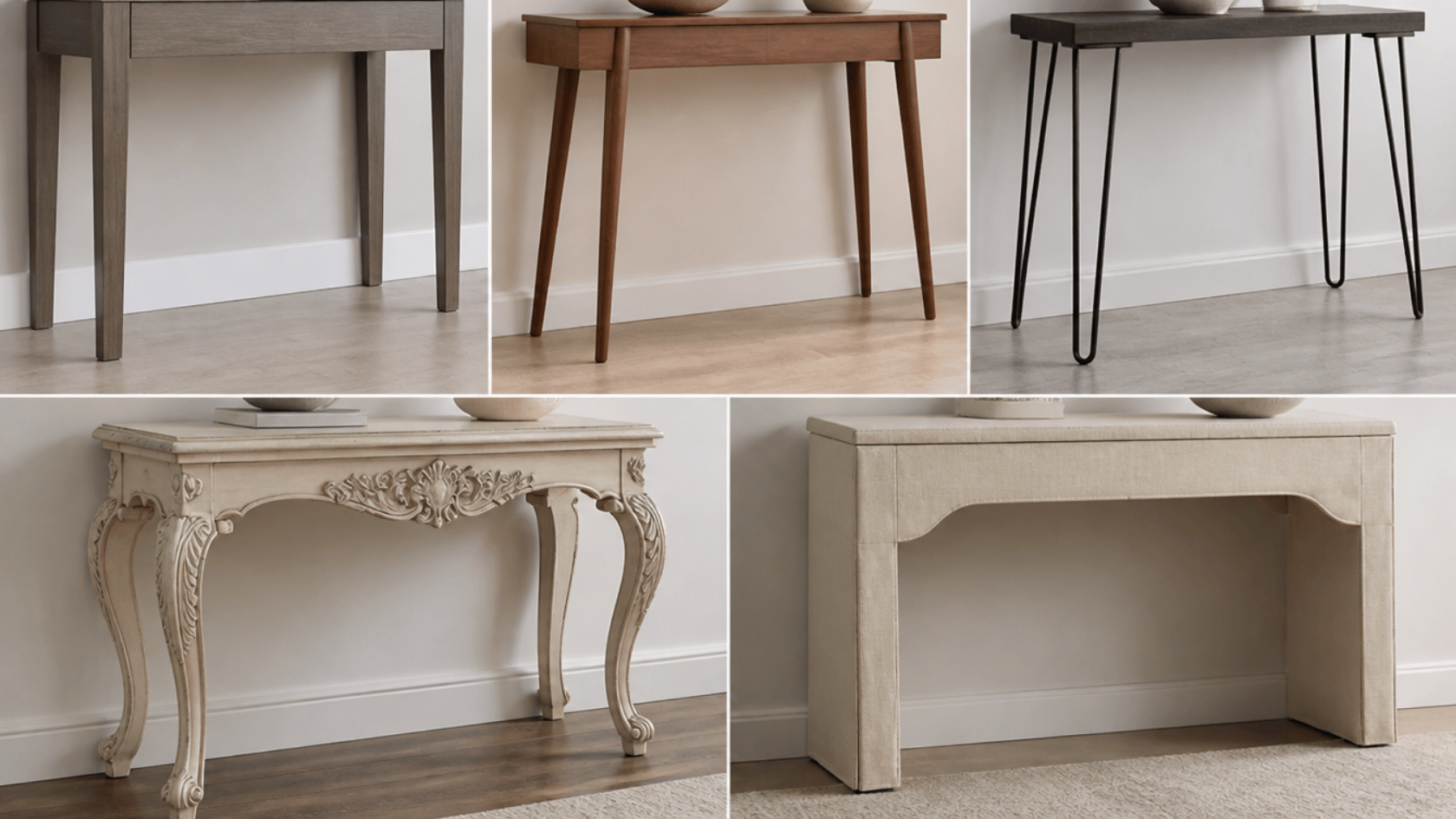 Console tables with straight, tapered, hairpin, carved, and skirted leg designs indoors