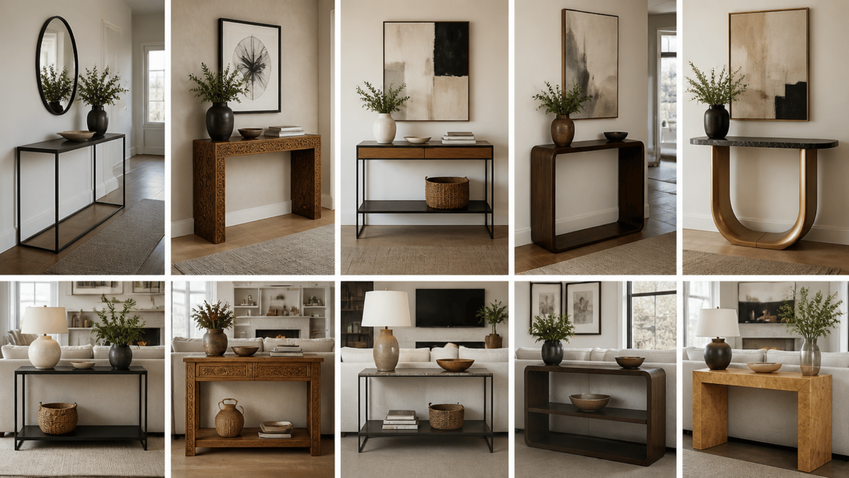 Different console table styles including metal, wood, mixed material, slim, and decorative designs indoors