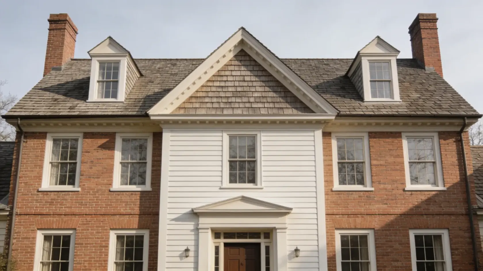 Dutch Colonial house exterior with brick, clapboard, and shingle materials, showcasing a symmetrical facade.