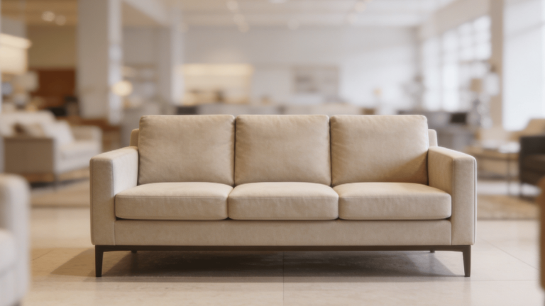 Furniture showroom with a three-cushion sofa in center focus and other sofa styles partially visible in the background.